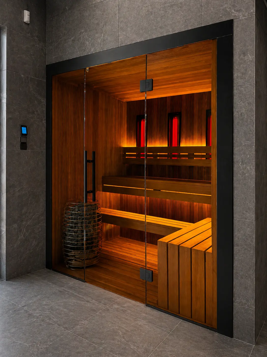 Sauna wewnętrzna na wymiar z dużym przeszkleniem