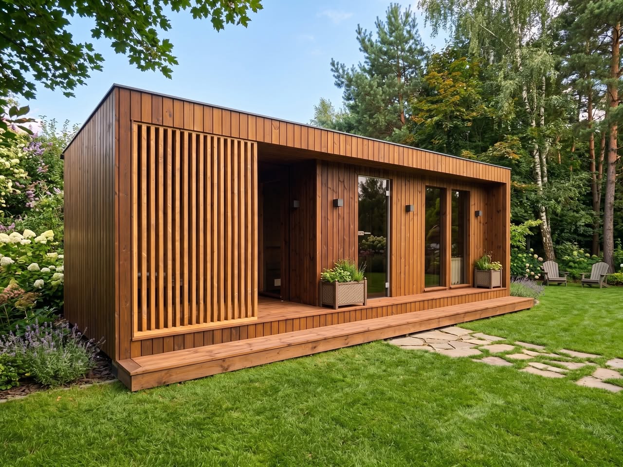 Gotowa sauna ogrodowa Thermo o wymiarach 740 na 300 centymetrów