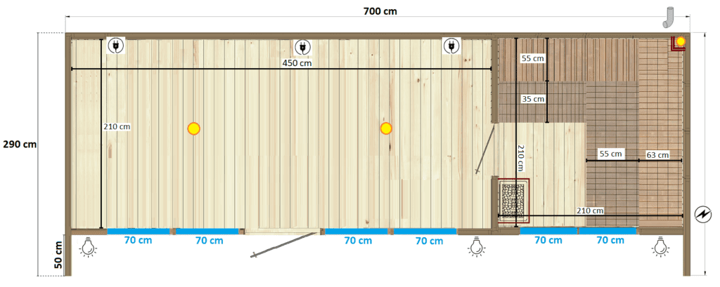 projekt sauny dużej z oknami i spa